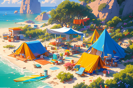 海滩上的帐篷插图背景图片