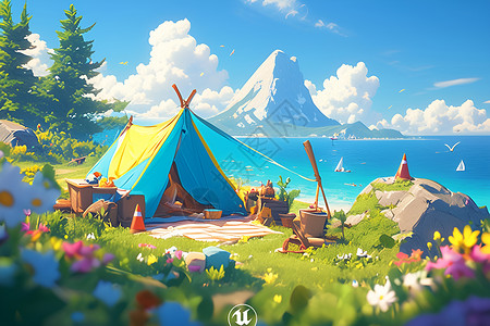湖泊岸边的帐篷插画背景图片