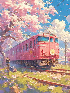 樱花树下的火车背景图片
