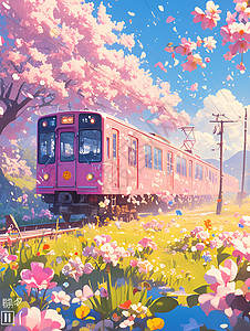 浪漫的粉红色火车背景图片