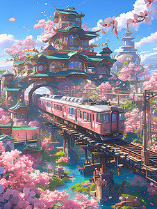 行驶的粉色火车背景图片