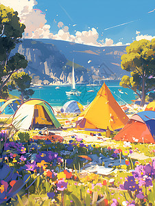 山谷中的湖泊和帐篷背景图片