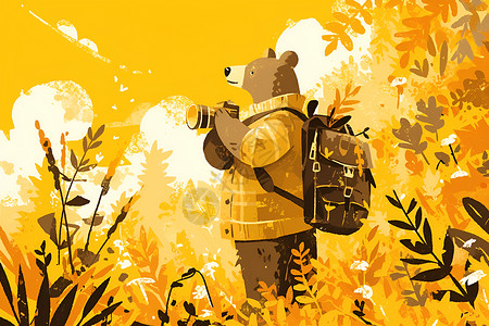 旅行摄影师熊摄影师记录森林中的变换插画