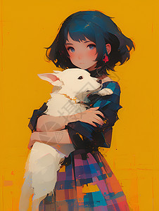 拥抱白色狗狗的少女背景图片