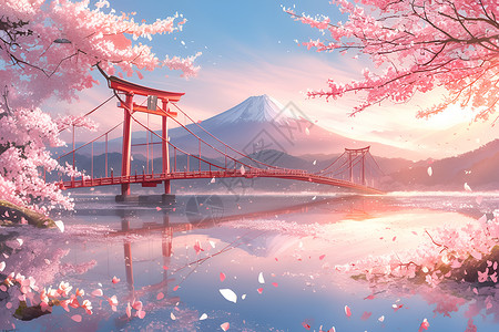 樱花桥上的仙境背景图片