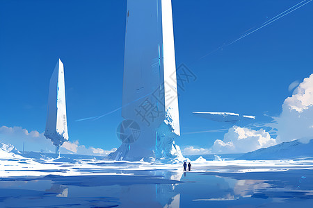 冰上停靠的白色方尖碑飞船背景图片