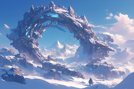 雪山石拱门插画背景图片