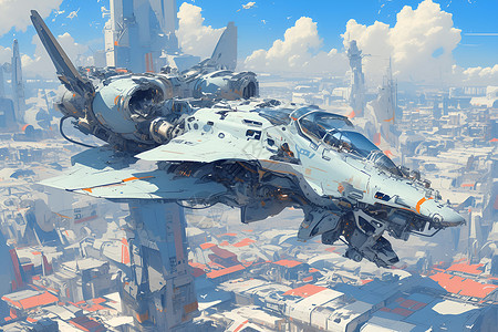 城市科学未来飞船在城市上空插画