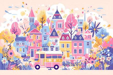 粉色巴士穿行在城市中背景图片
