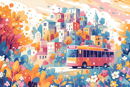 彩色巴士城市中的粉色巴士插画