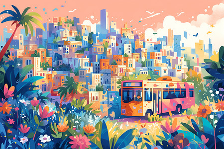 彩色巴士粉色巴士在城市中穿行插画