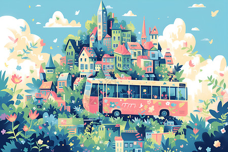 彩色巴士梦幻城市巴士插画
