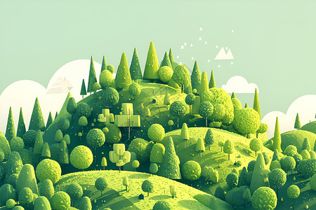 绿色几何背景墙清新而生动的绿色森林插画