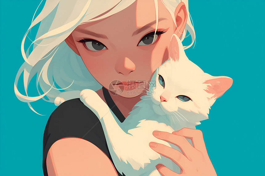 少女与白猫温柔眼神图片