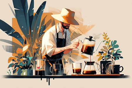白茶冲泡咖啡师在简约环境中冲泡咖啡插画