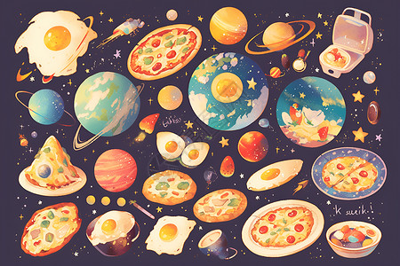 披萨食材星球比萨贴纸插画