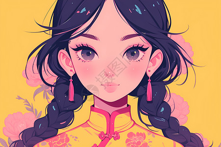 可爱的中国小女孩穿着黄色旗袍背景图片