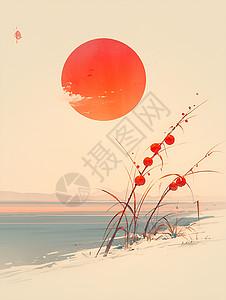 夕阳下的植物插画背景图片