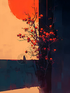 夕阳下的红柿子与树枝背景图片