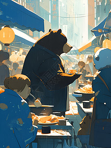 人群喧哗的城市市场上一只熊摄影师插画