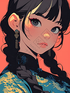 双辫可爱中国女孩的细腻插画背景图片