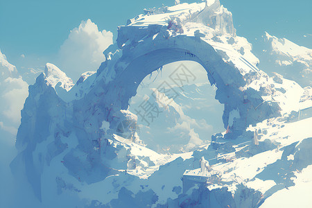 山中仙境晨曦之下的雪山中石拱插画