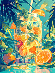 色彩斑斓的水果色彩斑斓的果汁瓶插画