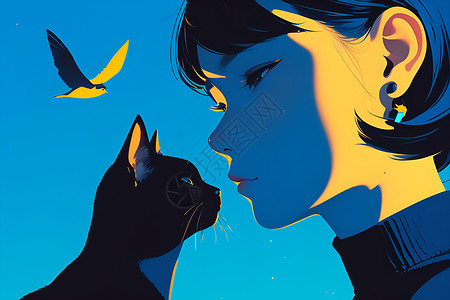 少女和猫黑猫和女孩插画