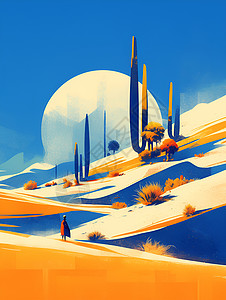 沙漠行人夜晚的沙漠插画