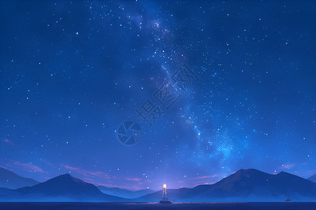 灯塔在无垠夜空中高清图片
