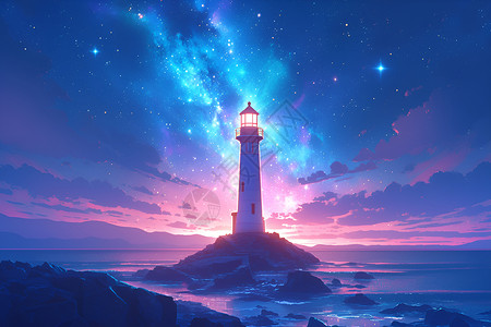 浩瀚大海浩瀚夜空中的灯塔插画