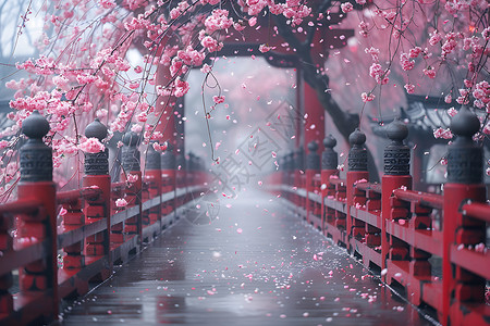 漫画版樱花树雨后的石桥背景