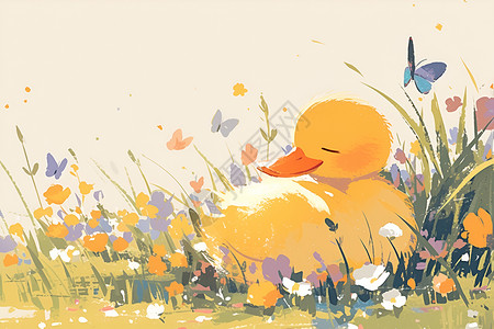 躺在草坪上躺在柔软草坪上的小鸭子插画