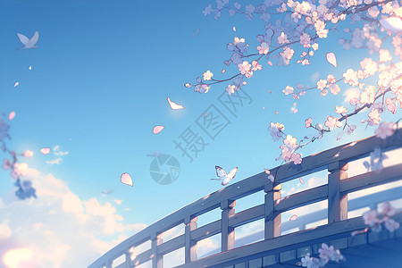 樱花桥上飘落的美景背景图片