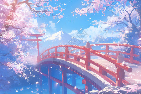 樱花桥上的绚烂风景背景图片