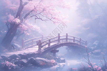 飘舞紫色花瓣迷雾下的桥梁插画