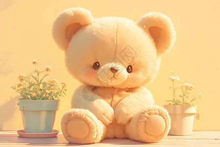 一只泰迪熊和盆栽高清图片