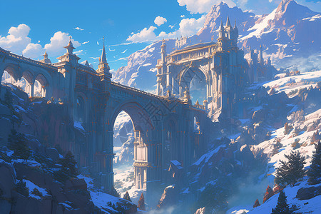 雪山中奇观的大石门插画