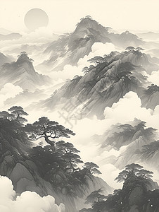 高山植物群山水间的云雾插画
