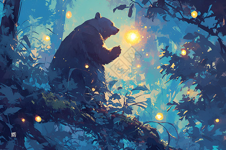 星光中的熊树枝背景熊高清图片