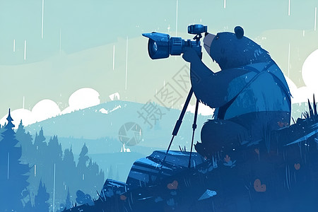 记录风景冰雪山峰下的熊摄影师插画