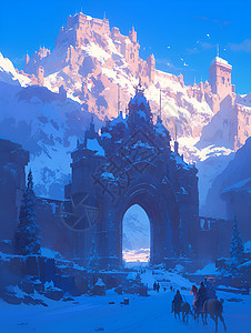 大雪景朝阳照耀下的雪景大石门插画