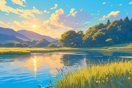 湖畔幽静自然风景画高清图片