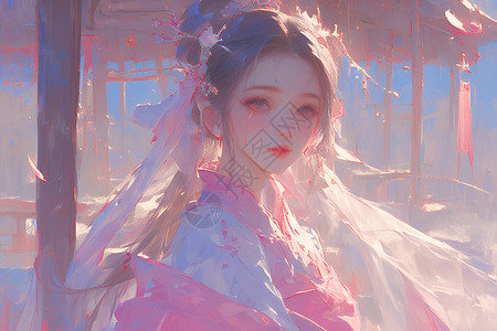 美丽的花儿花儿与少女插画