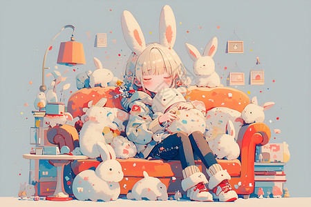 女孩和小兔玩偶背景图片