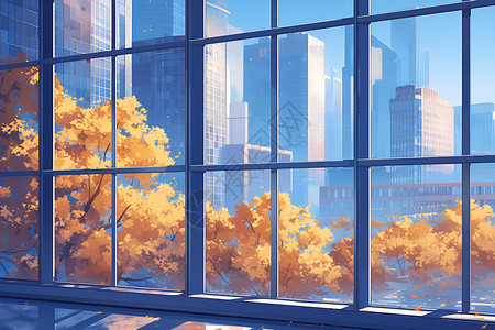 城市建筑窗前的秋叶背景图片