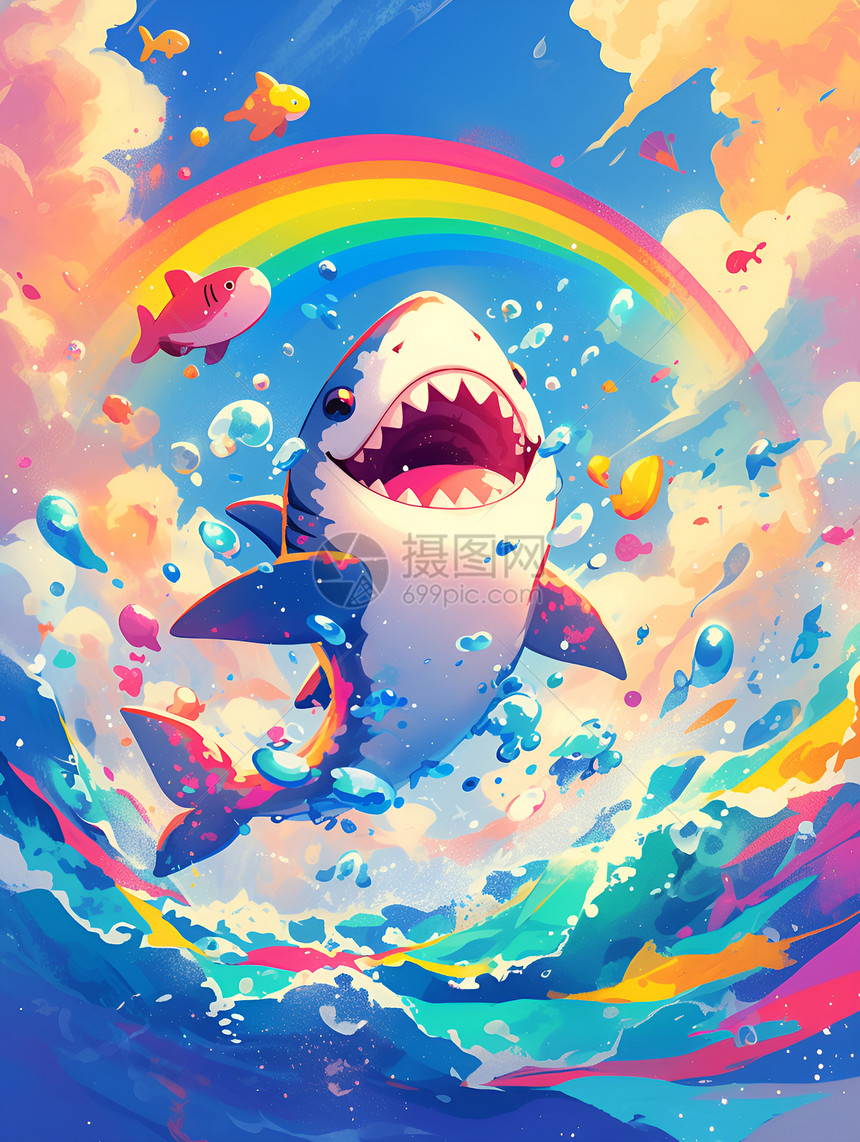 彩虹下嬉戏的鲨鱼图片
