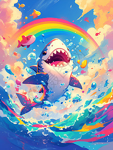 彩虹下嬉戏的鲨鱼背景图片