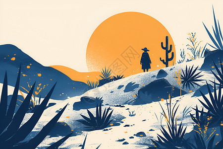 仙人掌科夕阳下的沙漠探险插画