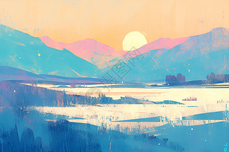 落日湖山脉山谷中的湖插画